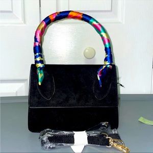 Hello 3 AM Black Handbag w/ Colorful Scarf Handle + Adjustable Crossbody Strap